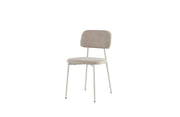AZRA CHAIR WITH TAUPE METAL LEGS AND A HERITAGE SAND FABRIC SEAT.