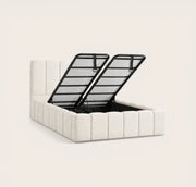 PIANO BED WITH CANAPE WITHOUT MATTRESS IN WHITE FABRIC . MEASURING 160X200CM