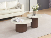 DUO BAIETA COFFEE TABLE WITH WALNUT EFFECT LEGS AND SHAKESPEARE CERAMIC . MEASURING 80 + 60CM