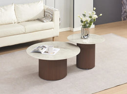 DUO BAIETA COFFEE TABLE WITH WALNUT EFFECT LEGS AND SHAKESPEARE CERAMIC . MEASURING 80 + 60CM