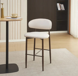 LUCILE BAR STOOL WITH WALNUT EFFECT LEGS AND MOKA TEXTURED SEAT.