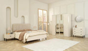 EIFFEL BEDROOM IN BEIGE FINISH .IT INCLUDES BED 160X200CM WITH X2 BEDSIDE TABLES WITHOUT MATRESS. WARDROBE WITH 180X57X216CM AND DRESSING TABLE WITH 3 DRAWERS AND MIRROR