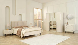 EIFFEL BEDROOM IN BEIGE FINISH .IT INCLUDES BED 160X200CM WITH X2 BEDSIDE TABLES WITHOUT MATRESS. WARDROBE WITH 180X57X216CM AND DRESSING TABLE WITH 3 DRAWERS AND MIRROR