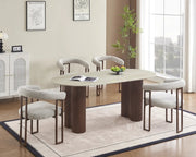 VENEZIA DINING TABLE WITH METAL BASE IN WALNUT EFFECT AND GLOSSY TRAVERTINE CERAMIC TOP. MEASUIRNG 180X90X75CM