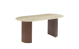 ANNA DINING TABLE WITH METAL BASE IN WALNUT EFFECT AND GLOSSY TRAVERTINE CERAMIC TOP. MEASURING 180X90X75CM