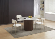 BAIETAA ROUND DINING TABLE WITH WALNUT EFFECT BASE AND SHAKESPEARE CERAMIC TOP . MEASUIRNG 120X75CM