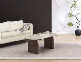FLUIDE COFFEE TABLE WITH WALNUT EFFECT LEGS AND SHAKESPEARE CERAMIC TOP . MEASUIRNG 120X60X45CM