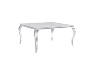 BAROQUE SQUARE DINING TABLE WITH SILVER BASE FEETS AND WHITE MARBLE TOP. MEASURING 140X140X75CM