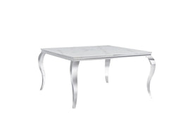 BAROQUE SQUARE DINING TABLE WITH SILVER BASE FEETS AND WHITE MARBLE TOP. MEASURING 140X140X75CM