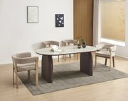FLUIDE COFFEE TABLE WITH WALNUT EFFECT LEGS AND SHAKESPEARE CERAMIC TOP . MEASUIRNG 180X90X75CM