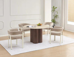 HOLA DINING TABLE WITH WALNUT EFFECT LEGS AND MATTE TRAVERTINE CERAMIC TOP . MEASUIRNG 120CM
