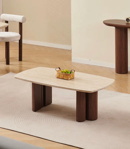 TRINITY CERAMIC COFFEE TABLE WITH WALNUT EFFECT FEETS AND TRAVERTINE TOP. MEASUIRNG