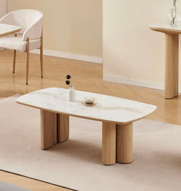 TRINITY COFFEE TABLE WITH BEECH FINISH AND BEIGE MARBLE CERAMIC TOP. MEASUIRNG 120X70X45CM