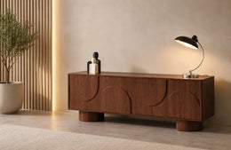TV CABINET WITH WALNUT EFFECT FINISH WITH 4 DRAWERS . MEASURING 165X40X57CM.