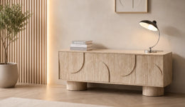 ORIANO TV STAND IN TRAVERTINE FINISH WITH 4 DRAWERS.MEASURING 165X40X57CM.