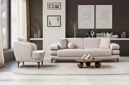 MODERN SECTIONAL SOFA3+2+1 IN BEIGE FABRIC WITH DEEP CUSHIONED SEATING , MATCHING PILLOWS AND ELEGANT WAKNUT FINISH LEGS.