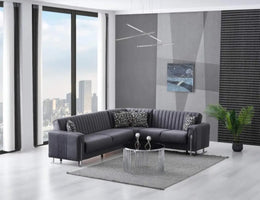 MODERN L-SHAPED SOFA IN GREY VELVET WITH CUSHIONED SEATING , MATCHING PILLOWS. MEDIDAS-220X270X90CM