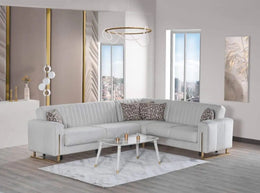 MODERN L-SHAPED SOFA IN BEIGE VELVET WITH CUSHIONED SEATING , MATCHING PILLOWS. MEDIDAS-220X270X90CM