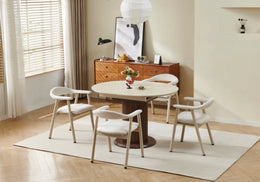 SOFIA EXTENDABLE DINING TABLE WITH A TRAVERTINE CERMIC TOP AND WALNUT LEGS. MEASURMENT 125/165X100X75CM.