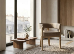 ALIA CHAIR WITH OAK EFFECT LEGS AND MOCHA GRAIN SEAT.