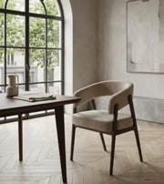 ALICIA CHAIR WITH WALNUT EFFECT LEGS AN DMOKA TEXTURED SEAT.