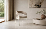 ALICIA CHAIR WITH BEIGE LEGS ANND MOKA TEXTURED SEAT.