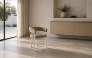 ALIA CHAIR WITH BEIGE METAL LEGS AND MOKA TEXTURED SEAT.