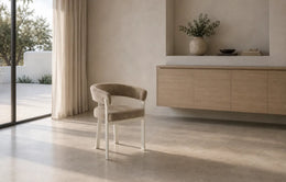 ALIA CHAIR WITH BEIGE METAL LEGS AND MOKA TEXTURED SEAT.