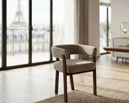 ALIA CHAIR WITH WALNUT EFFECT LEGS AND MOCHA GRAIN SEAT.
