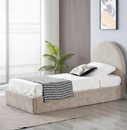 VALENTINA DOUBLE STORAGE BED WITH SOMMIER  IN BEIGE BOUCLE FABRIC . MEASUREMENT 90X1900CM.