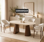 ANATASIA EXTENDABLE DINING TABLE WITH WALNUT FINISH AND MATTE TRAVETINE CERAMIC TOP . MEASURING180/220X90X75CM