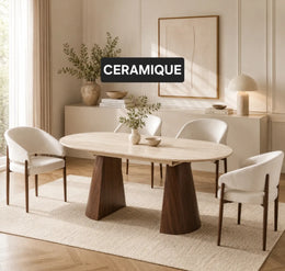 ANATASIA EXTENDABLE DINING TABLE WITH WALNUT FINISH AND MATTE TRAVETINE CERAMIC TOP . MEASURING180/220X90X75CM