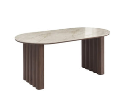ROME DINING TABLE WITH WALNUT EFFECT LEGS AND A SHAKESPEARE CERAMIC TOP. MEASUREMENT 180X90X75CM.