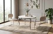 ARC CHAIR WITH CHROME LEGS AND ICED BROEN FABRIC UPHOLSTERY.