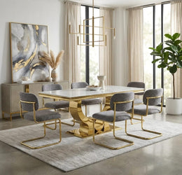 ARC CHAIR WITH GOLD LEGS AND ANTHRACITE MARBELLA FABRIC UPHOLSTERY.