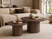 CIRCLE COFFE TABLE SET WITH WALNUT EFFECT MDF LEGS AND WALNUT WOOD EFFECT MDF TOPS 80X45CM + 60X38CM