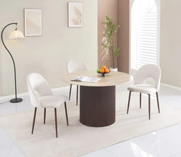 BAIETA ROUND DINING TABLE WITH WALNUT-EFFECT LEGS AND A GLOSSY TRAVERTINE CERAMIC TOP. MEASURING 120X75CM
