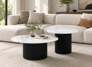 BAIETA COFFEE TABLE SET WITH BLACK METAL LEGS AND WHITE MARBLE LOOK CERAMIC TOPS. MEASUREMENT 80X39CM + 60X46CM