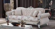 CLASSIC 3+2+1 LIVING ROOM SET IN BEIGE UPHOLSTERED IN FABRIC WITH FLORAL DETAILS, TUFTED BACKREST.ELEGANT , COMFORTABLE AND PERFECT FOR  ANY  LIVING ROOM. MEASURING 3 SEATER -232X85X96CM , 2 PLACE- 174X90X96, 1 SEATER- 83X90X105CM.