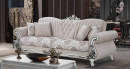 CLASSIC 3+2+1 LIVING ROOM SET IN BEIGE UPHOLSTERED IN FABRIC WITH FLORAL DETAILS, TUFTED BACKREST.ELEGANT , COMFORTABLE AND PERFECT FOR  ANY  LIVING ROOM. MEASURING 3 SEATER -232X85X96CM , 2 PLACE- 174X90X96, 1 SEATER- 83X90X105CM.