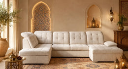 A BEIGE L SHAPED SECTIONAL WITH SOFT TEXTURED UPHOLSTERY , TUFTED SQUARE CUSHIONS , AND TWO SPACIOUS CHAISE SECTIONS ON EACH SIDE. MEASUREMENT 202X322X157CM