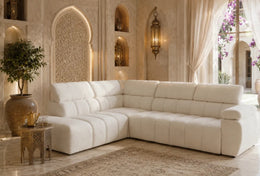 A LARGE BEIGE BOUCLE U-SHAPED SECTIONAL SOFA WITH DEEP , PLUSH SEAQTING , ROUNDED ARMS. MEASUREMENT 230X300X78CM