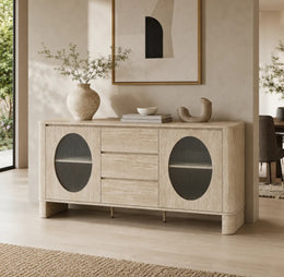 A LIGHT OAK SIDEBOARD WITH ROUNDED CORNERS , ARCHED DRAK-GLASS DOORS , CENTRAL DRAWERS AND A MINIMALIST DESIGN. MEASUREMENT 180X40X85CM