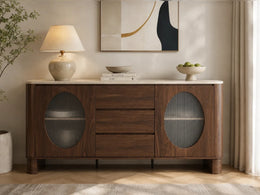 A WALNUT COLORED SIDEBOARD WITH ROUNDED CORNERS WITH BEIGE EFFECT ON TOP  , CENTRAL DRAWERS AND 2 DOORS WITH MIRROR. MEASUREMENT 180X40X85CM