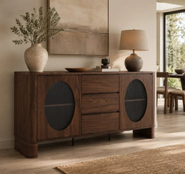 A WALNUT COLORED SIDEBOARD WITH ROUNDED CORNERS WITH CENTRAL DRAWERS AND 2 DOOR. MEASUREMENT 180X40X85CM