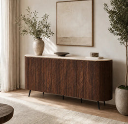 A STONEA SIDEBOARD WITH MATTE WALNUT FINISH AND EFFECT CERAMIC TOP WITH 4 DOORS . MEASUREMENT 180X40X85CM