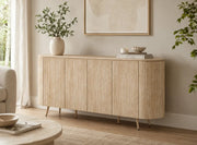A STONEA SIDEBOARD WITH MATTE BEIGE FINISH AND EFFECT CERAMIC TOP WITH 4 DOORS . MEASUREMENT 180X40X85CM