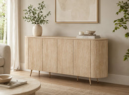 A STONEA SIDEBOARD WITH MATTE BEIGE FINISH AND EFFECT CERAMIC TOP WITH 4 DOORS . MEASUREMENT 180X40X85CM
