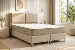 A BEIGE VELVET BED WITH STORAGE CANAPES . MEASUREMENT 140X190CM