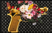 A GOLDEN GUN WRAPPED WITH A COLORFUL SNAKE AND FLOWERS WITH BLACK . MEASUREMENT 120X80CM